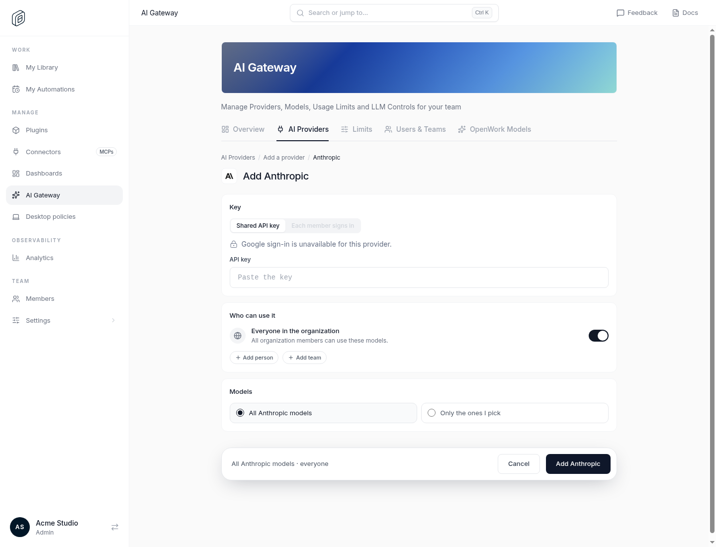 Add Anthropic: shared API key, who can use it, and which models