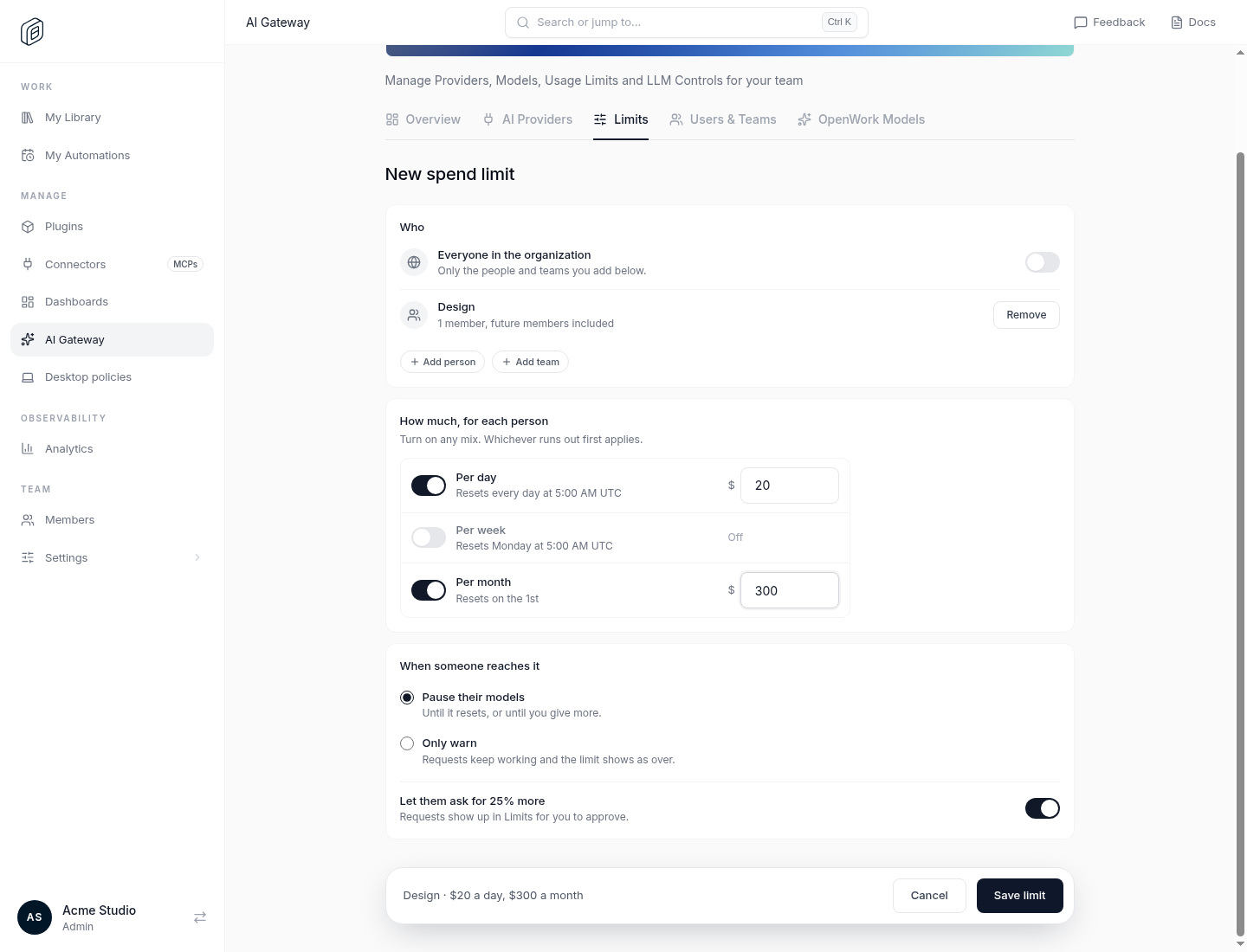 New spend limit: Design team, $20 a day and $300 a month