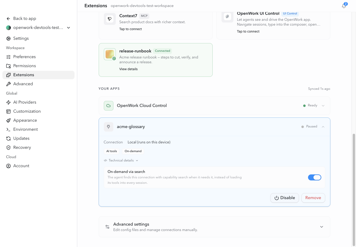 A server-managed MCP connection can be switched to on-demand capability search
