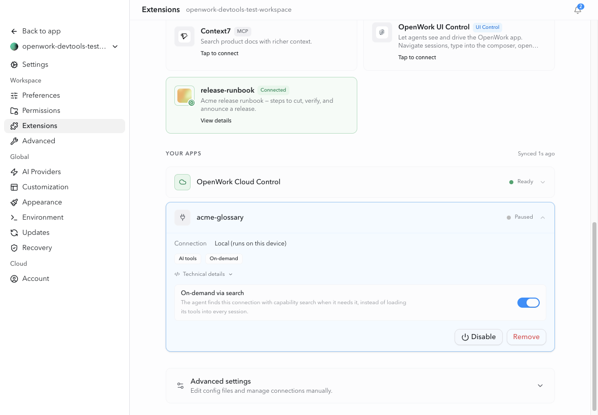 The search-routed connection remains saved in OpenWork but absent from the OpenCode engine MCP list