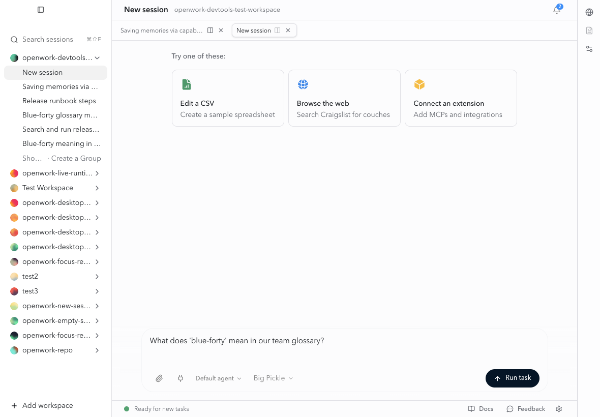 A plain glossary question is composed without naming tools, connections, or search