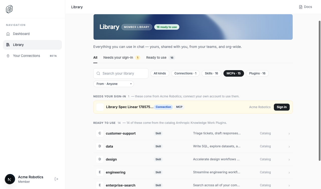 A compact gradient header is titled Library, with its description immediately below and before the tabs