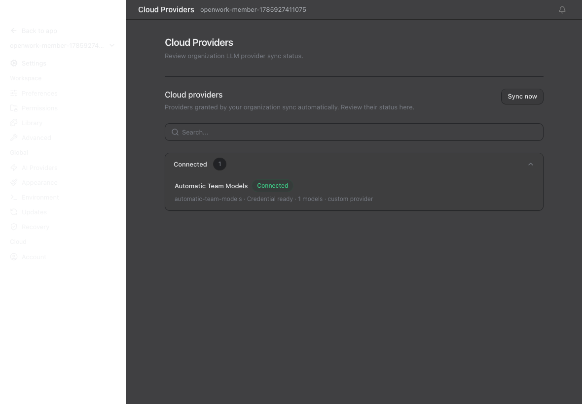 The Cloud providers page shows Automatic Team Models as Connected